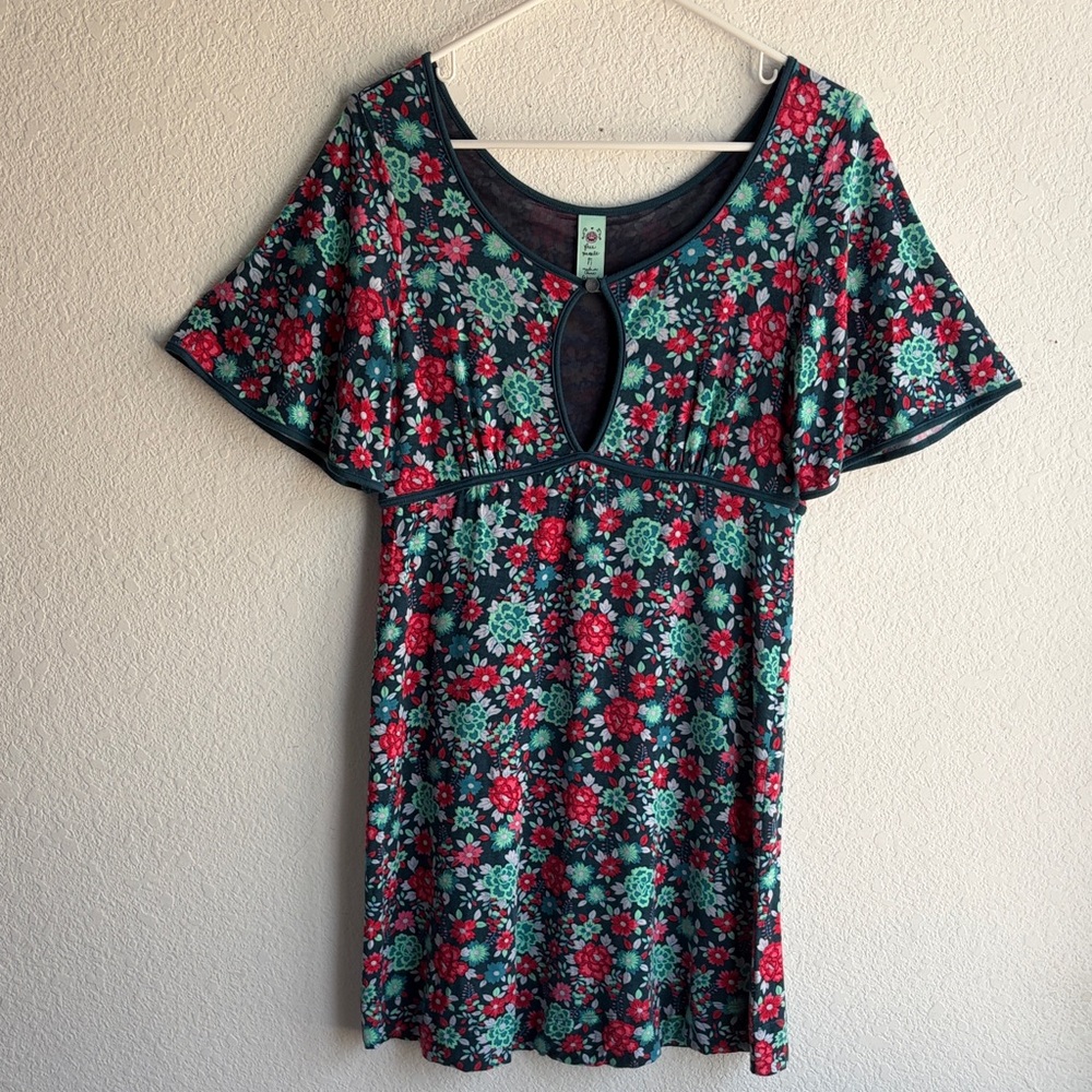 Vintage NWOT Free People Dress Sz M Blue Floral Red/Pink/Green Bell Sleeves Y2K